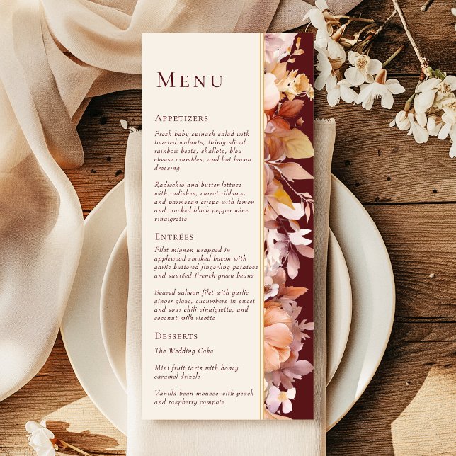 Menu Autumn Floral Burgundy Cream Wedding (Criador carregado)
