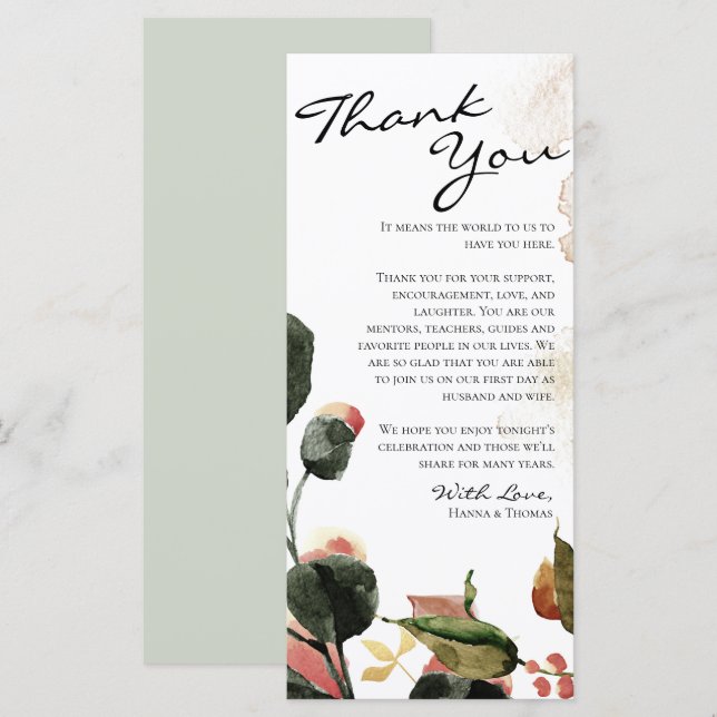 Menu Autumn Watercolor Floral Obrigado Placa (Frente/Verso)