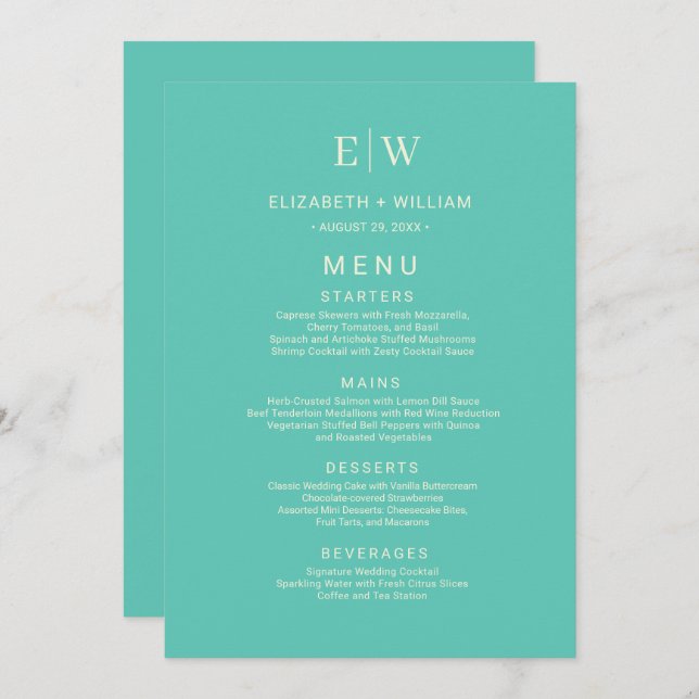 Menu Awe Aquático Simples Elegante com Casamento Monogr (Frente/Verso)