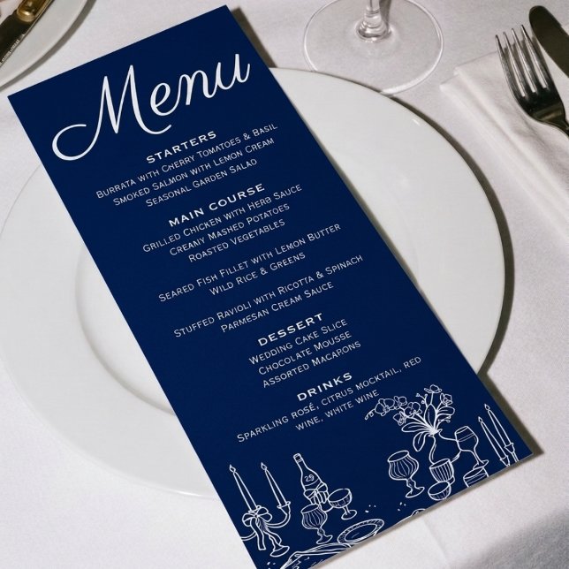 Menu Azul Cobalto Dinheiro Antigo Ilustrado Casamento C (Criador carregado)