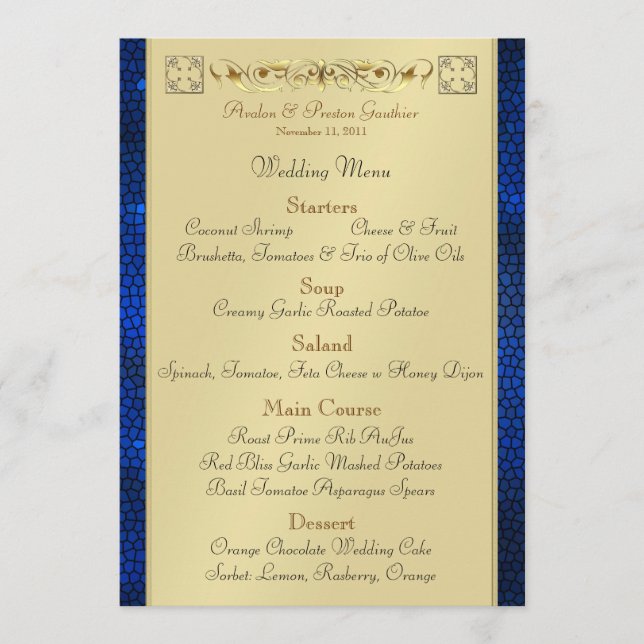 Menu azul do casamento do vitral do rolo do (Frente)