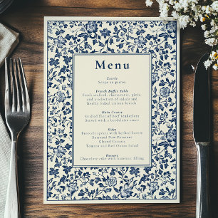 Menu azul e creme de temas botânicos elegantes