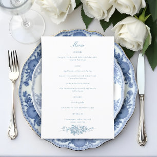 Menu Azul Elegante Clássico e Floral Branco