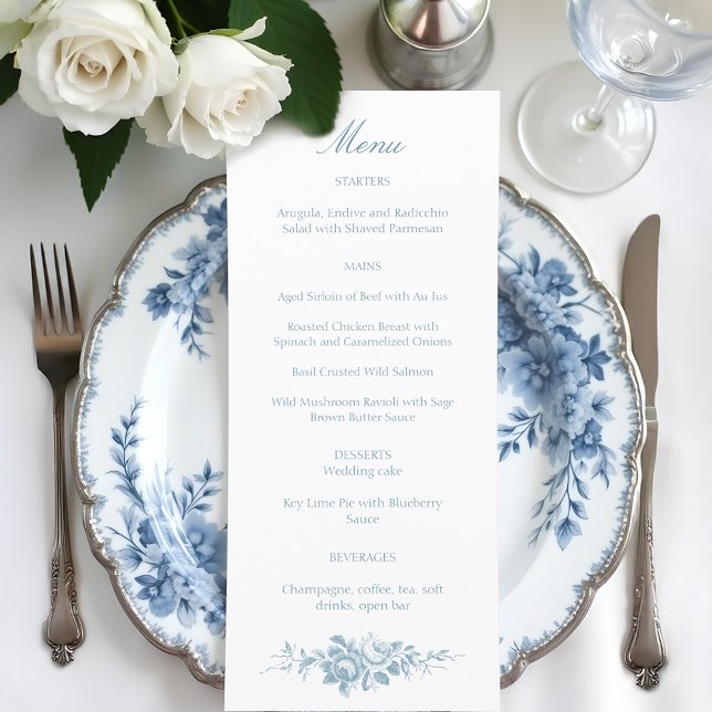 Menu Azul Elegante Clássico e Toile Floral Branco (Criador carregado)