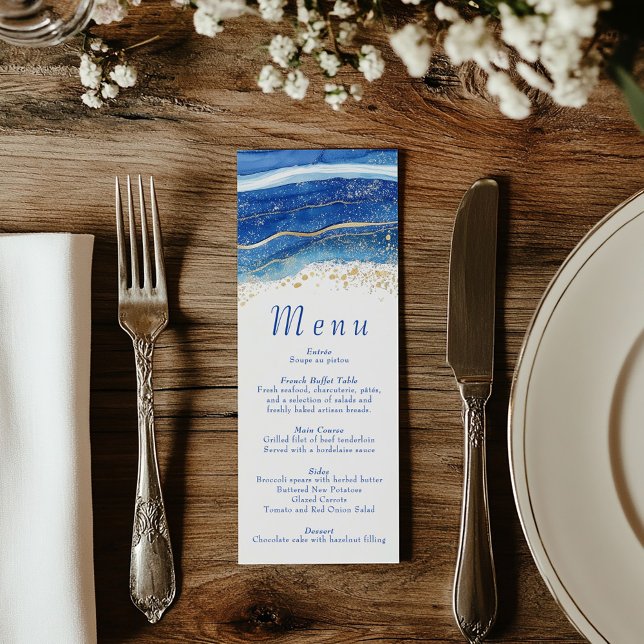 Menu Azul Elegante e Dourada Aquarela (Wedding reception dinner menu with blue text and a top border of blue and gold splatters)