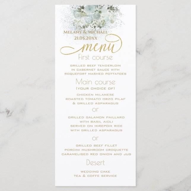 Menu Azul empoeirado floral romântico dourado caligrafi (Frente)