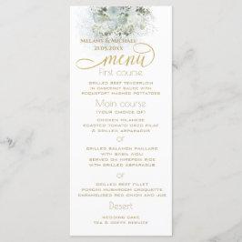 Menu Azul empoeirado floral romântico dourado caligrafi