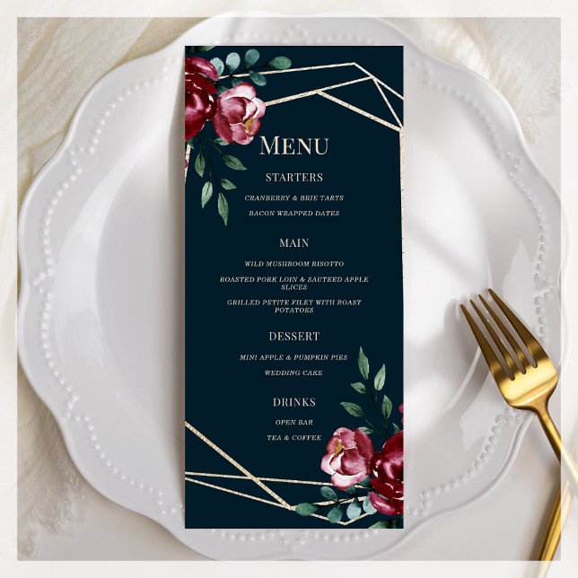 Menu Azul Marinho | Casamento Floral de Borgonha (Criador carregado)