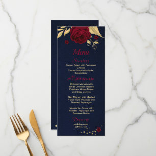 Menu azul-marinho floral de ouro burgundy