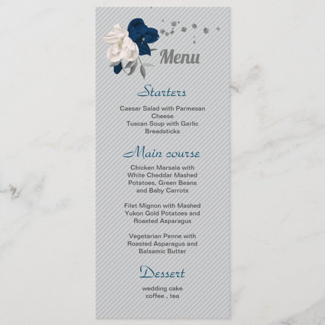 Menu azul marinho flores brancas folhas de prata casame (Frente)