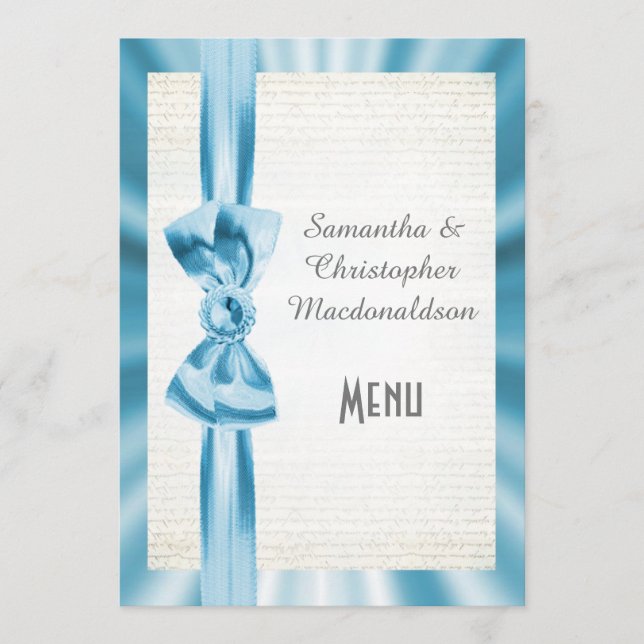 Menu azul pastel liso do casamento do arco da fita (Frente)