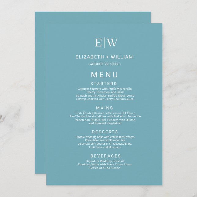 Menu Azul Retro Simples Elegante com Casamento Monogram (Frente/Verso)