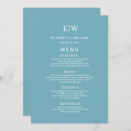 Menu Azul Retro Simples Elegante com Casamento Monogram