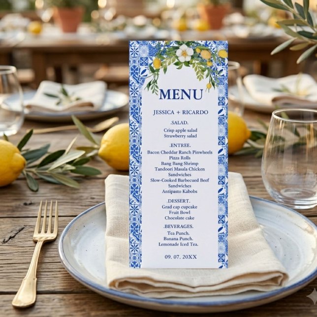 Menu Azulejo Mediterrâneo Azul Limão Boho Casamento Ita (Criador carregado)