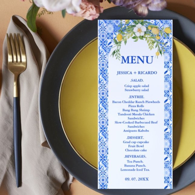 Menu Azulejo Mediterrâneo Azul Limão Boho Casamento Ita (Criador carregado)