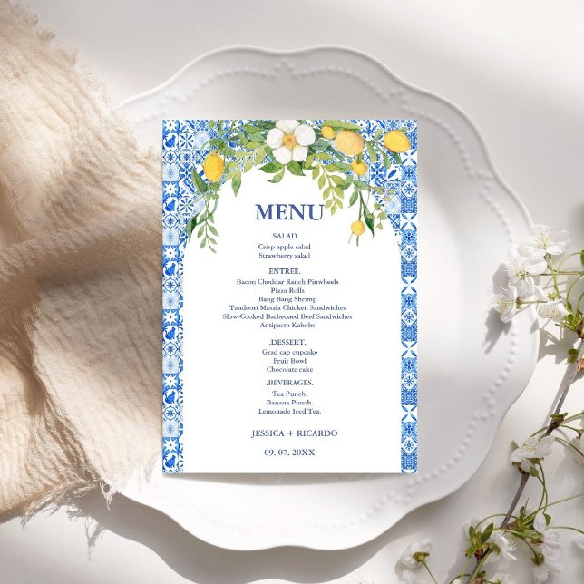 Menu Azulejo Mediterrâneo Azul Limão Boho Casamento Ita (Criador carregado)