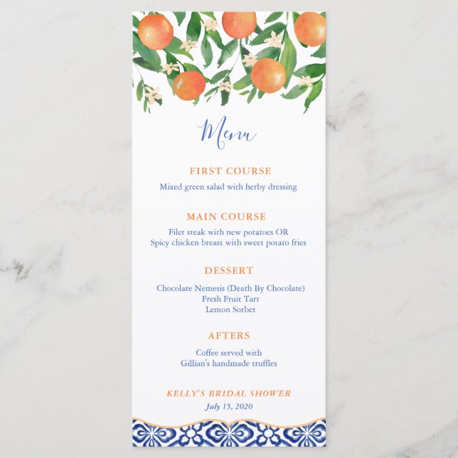 Menu Azulejos Azuis Clássicos Chá de casamento de Laran (Frente)