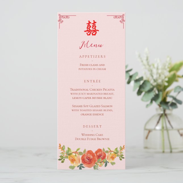 Menu Banquete de casamento chinês floral amarelo laranj (Em pé/Frente)