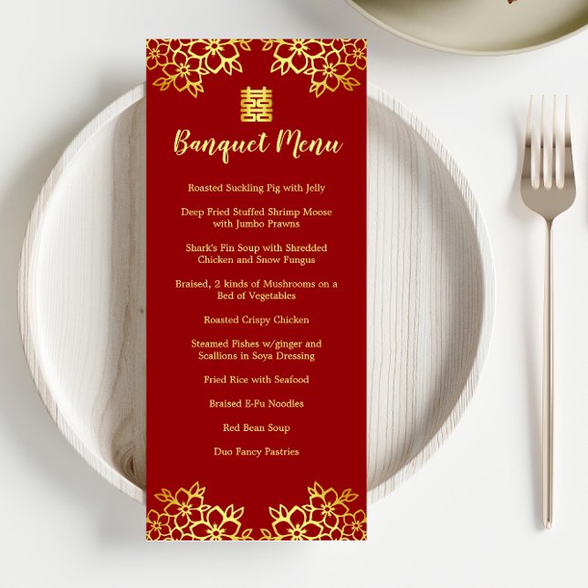 Menu Banquete de casamento chinês moderno floral vermel (Criador carregado)