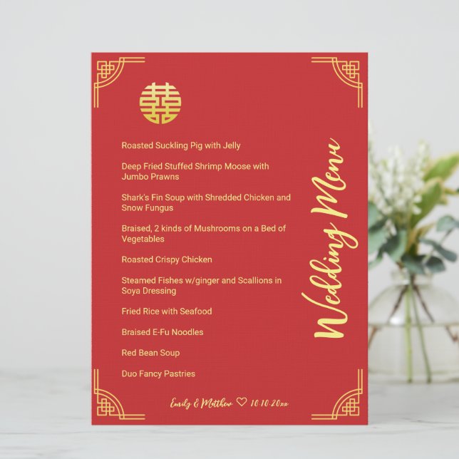 Menu Banquete duplo xi do ouro de casamento chinês (Em pé/Frente)