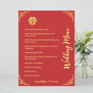 Menu Banquete duplo xi do ouro de casamento chinês