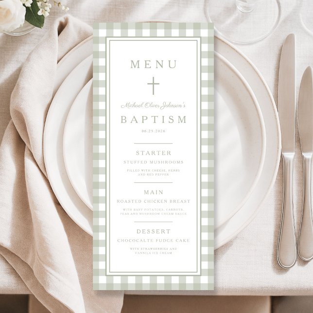 Menu Baptizado Menino Xadrez Verde Sage Moderno (Modern Sage Green Gingham Boy Baptism Menu)