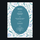 Menu Bar Bat Mitzvah Casamento Judaico Personalizado em<br><div class="desc">Menu personalizado perfeito para um morcego mitzvah, bar mitzvah ou outra celebração judaica! A mão fez a aquarela arte para você na frente e atrás! TOTALMENTE PERSONALIZÁVEL! Clique em "Personalizar" acima para editar o texto. Clique em "editar usando a ferramenta design" para ajustar as fontes, as cores e os posicionamentos...</div>