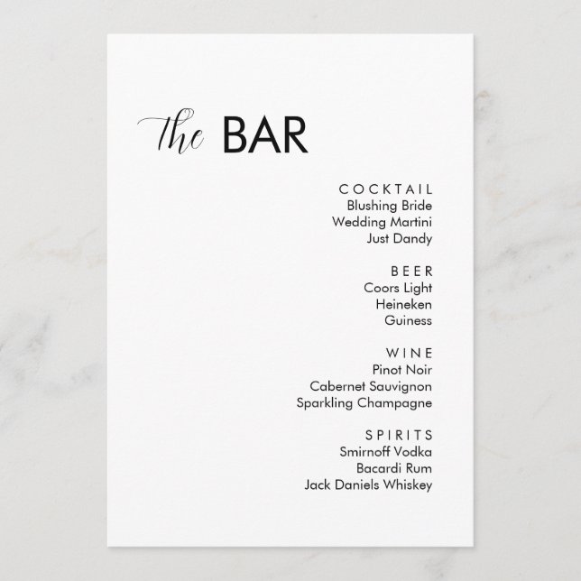 Menu Bar de Casamento Branco Minimalista (Frente)