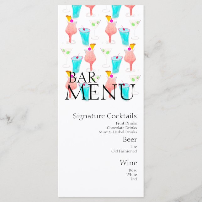 Menu Bar de Drinks Coquetel Vinho Casamento em Aquarela (Frente)