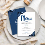 Menu Bar Mitzvah Bold Marinho Moderno Blue Agate Script<br><div class="desc">Tenha orgulho, alegria e mostre este marco do seu Bar favorito Mitzvah com uma celebração para se orgulhar! Atraia seus convidados com este cardápio de festas, moderno e formidável, com roteiro de caligrafia azul-marinho, tipografia azul-marinho e cinza mole, e rochas agatosas azuis acentuadas com veias falsas prateadas, todas sobrepondo um...</div>