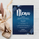 Menu Bar Mitzvah Moderno Marinho Azul Ombre Agate Scrip<br><div class="desc">Tenha orgulho, alegria e mostre este marco do seu Bar favorito Mitzvah com uma celebração para se orgulhar! Atraia seus convidados com este cardápio de festas, moderno e atordoante, com roteiro de caligrafia branca, tipografia branca ousada e rochas de agata azul de aço acentuadas com veias falsas prateadas, todas sobrepondo...</div>