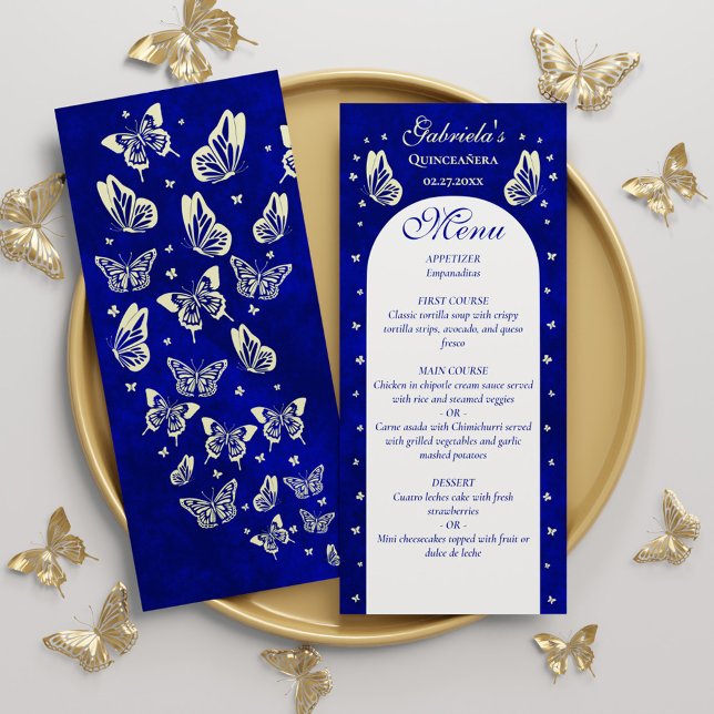 Menu Barreiras Douradas Azuis Modernas Quinceañera (Modern Royal Blue Gold Butterflies Quinceañera Menu)