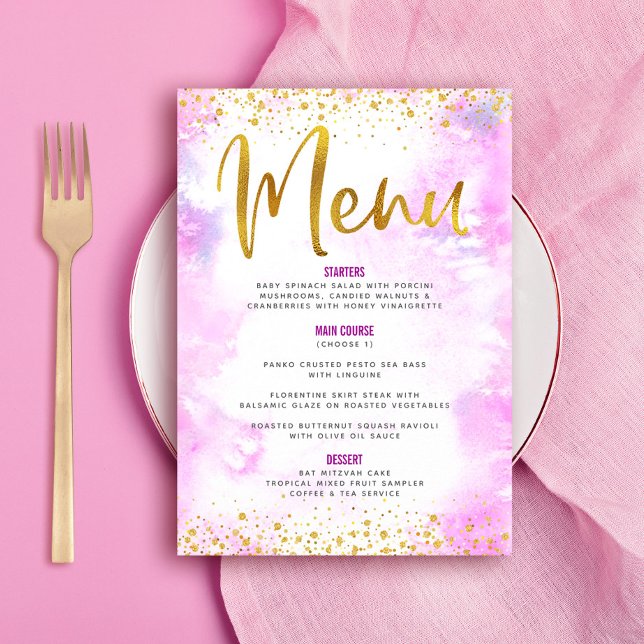 Menu Bat Mitzvah Dourada Folha Brilhante Cor-de-Água Ro (Coordinating invites, save the dates, labels, stickers, thank you cards & more are also available!)