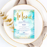 Menu Bat Mitzvah Dourada Folha Leve Turquoise Aquarela<br><div class="desc">Tenha orgulho, alegria e mostre este marco do seu Bat Mitzvah favorito com uma celebração de que se orgulhe! Atraia seus convidados com este cardápio moderno e deslumbrante de refeições de festas, com folhas de ouro cintilantes e pontos brilhantes e um roteiro de tipografia contra um fundo de aquarela turquesa....</div>