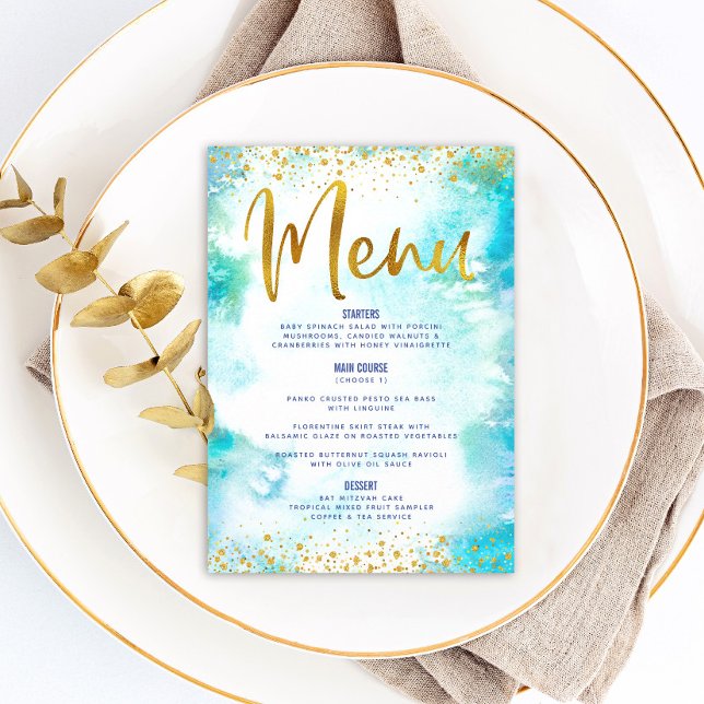 Menu Bat Mitzvah Dourada Folha Leve Turquoise Aquarela (Criador carregado)