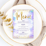 Menu Bat Mitzvah Dourada Folha Lípida Púrpura Aquarela<br><div class="desc">Tenha orgulho, alegria e mostre este marco do seu Bat Mitzvah favorito com uma celebração de que se orgulhe! Aperte seus convidados com este cardápio moderno, impressionante, de refeições partidárias, com papel fino e pontos brilhantes de ouro e um roteiro de tipografia contra um fundo de aquarela roxa e macia....</div>