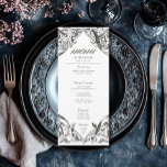 Menu Bat Vitoriano até Casamento Negro e Branco da Mort<br><div class="desc">Elevem seu casamento gótico com um cardápio de casamento inspirado na Vitoriana que exude elegância e mistério do eterno. Projetado para se assemelhar a uma antiga ligação a livros, este design impressionante apresenta um arquivo preto e branco lacey, evocando o charme de uma era passada. Deixe sua história de amor...</div>