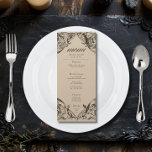 Menu Bat Vitoriano Até Casamento Negro e Tan Mortal<br><div class="desc">Elevem seu casamento gótico com um cardápio de casamento inspirado na Vitoriana que exude elegância e mistério do eterno. Projetado para se assemelhar a uma antiga ligação a livros, este design impressionante apresenta um intrincado filigre preto lacey em papel kraft castanho, evocando o charme de uma era passada. Deixe sua...</div>