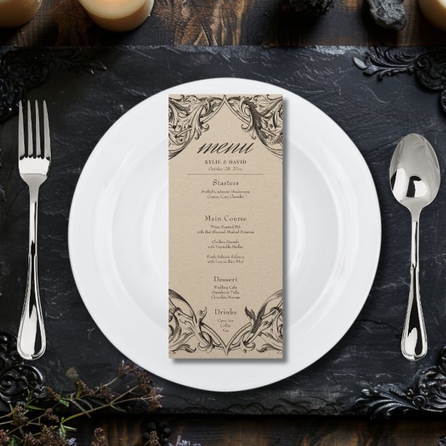 Menu Bat Vitoriano Até Casamento Negro e Tan Mortal (Victorian Bat Until Death Black & Brown Wedding Menu)