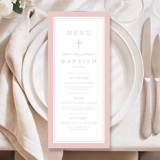 Menu Batismo de Menina Cruz Rosa Moderna (Modern Pink Cross Girl Baptism Menu)
