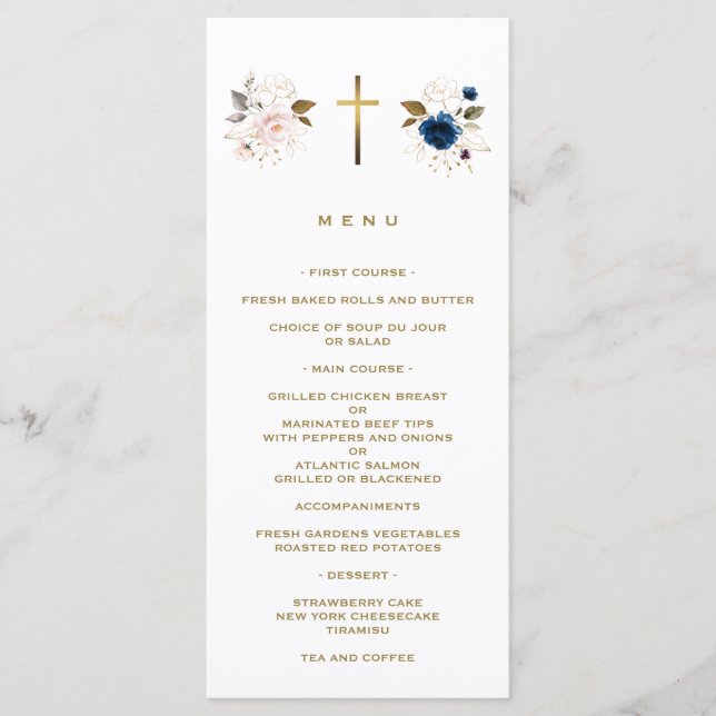 Menu Batismo Dourado Floral Azul-Rosa Elegante (Frente)