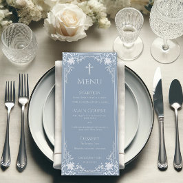 Menu Batismo Dusty Blue Vintage Menino Elegante Faux Si