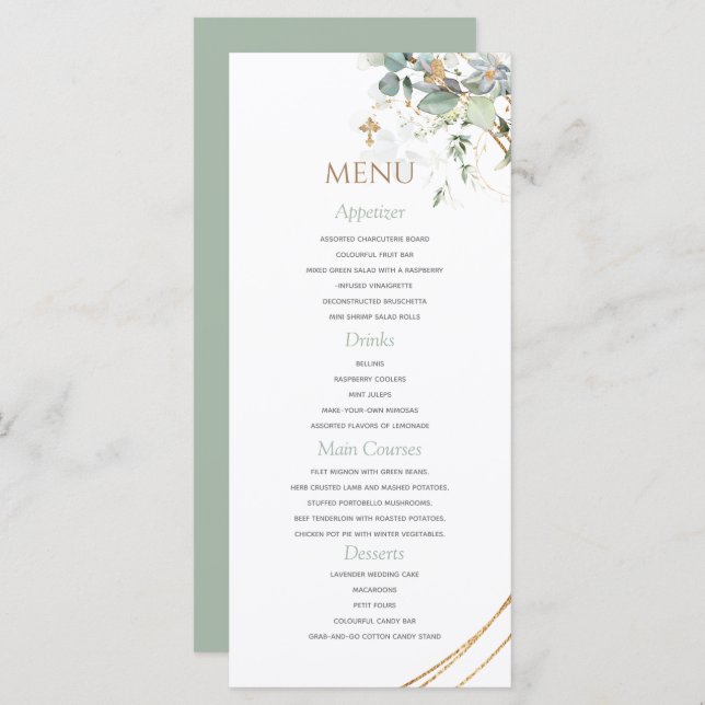 Menu Batismo Eucalyptus Boy do Verde Dourado (Frente/Verso)
