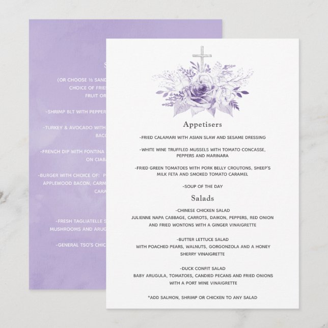 Menu Batismo Floral Lilac e Silver ou Christening (Frente/Verso)