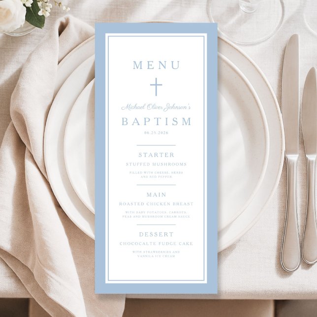 Menu Batismo Menino Cruz Azul Bebê Moderno (Modern Baby Blue Cross Boy Baptism Menu)