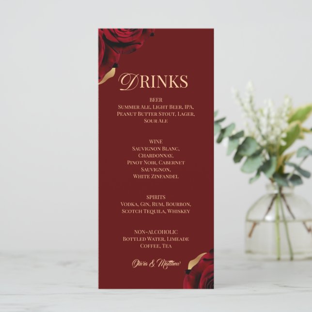 Menu Bebida Elegante Burgundy Dourado (Em pé/Frente)