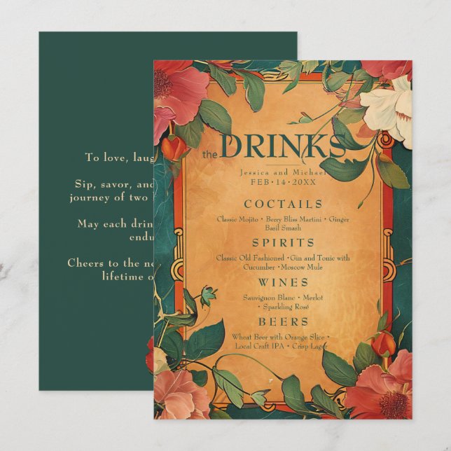💍 Menu Bebida Rosa Romance: Art Nouveau Splendor (Frente/Verso)