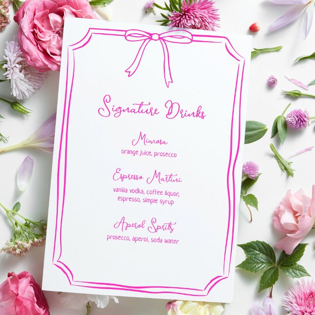 Menu Bebidas de Assinatura Rosa Coleta do Arco Desenhad (Elegant floral signature drinks menu with a pink bow design, giving a whimsical coquette aesthetic.)