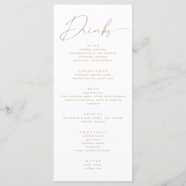 Menu Bebidas de Caligrafia Dourada de Script Faux  (Frente)