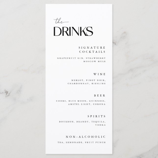 Menu Bebidas de Casamento Brancas Minimalistas (Frente)